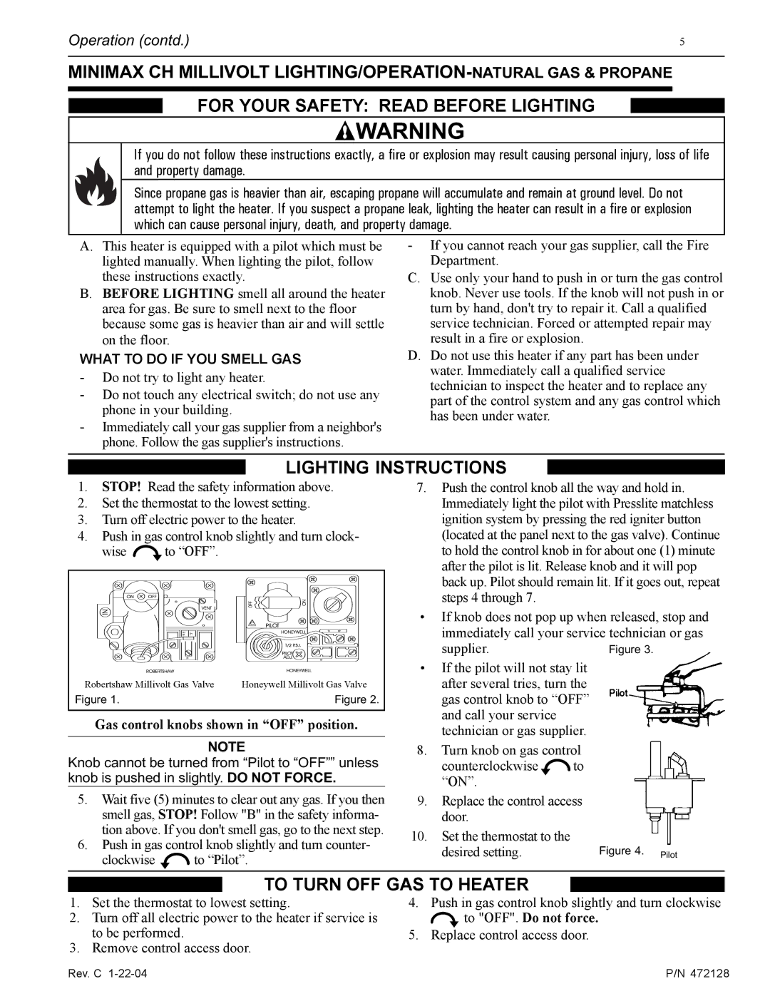 Pentair CH installation manual For Your Safety Read Before Lighting, Lighting Instructions, To Turn OFF GAS to Heater 