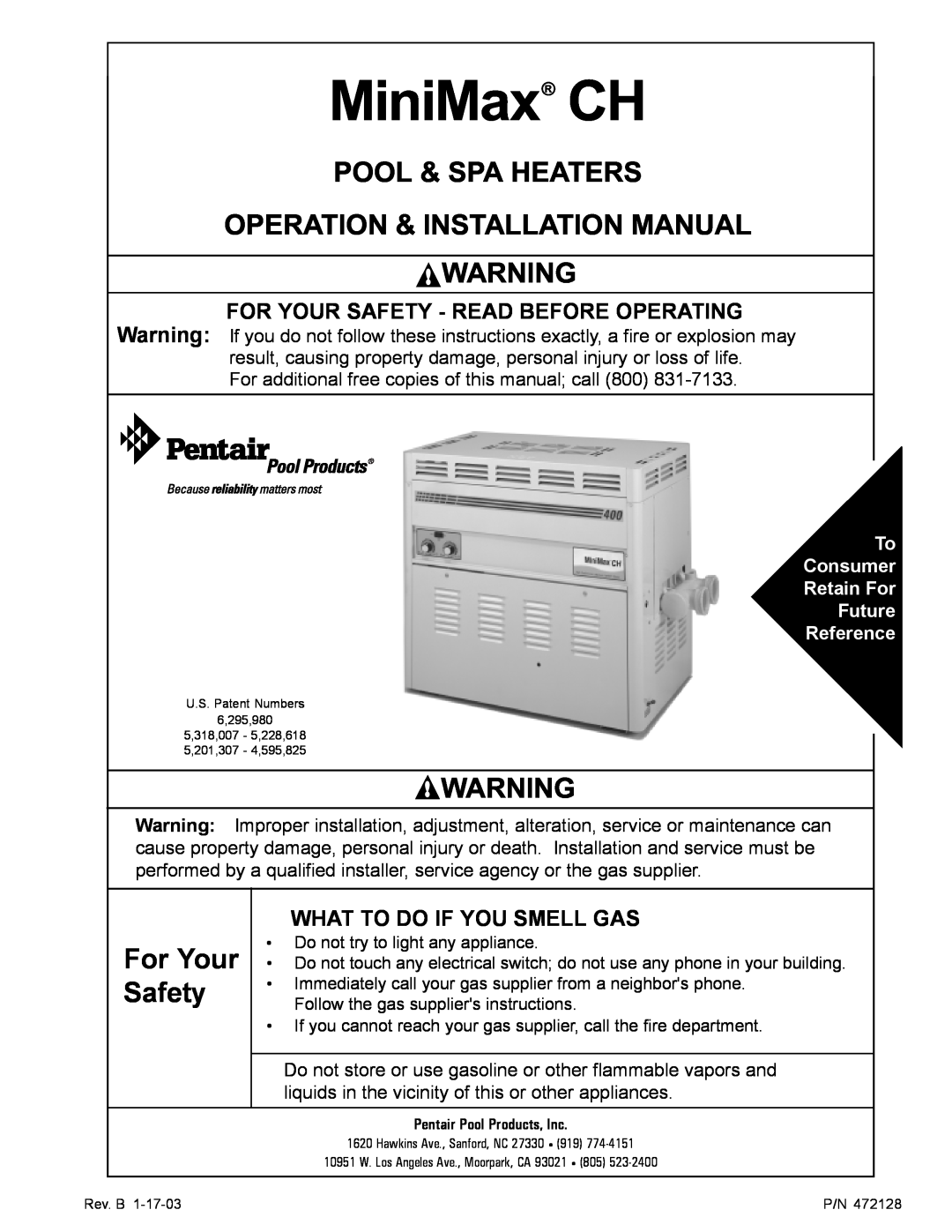 Pentair installation manual MiniMax CH, Pool & Spa Heaters, Operation & Installation Manual, For Your Safety 