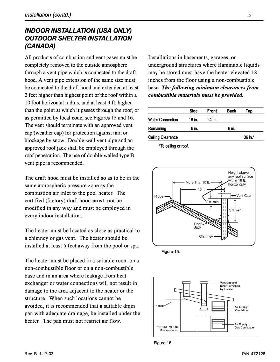 Pentair CH installation manual Front, Water Connection, 24 in, Remaining, 6 in, Ceiling Clearance, Side, Rev. B, Figure P/N 