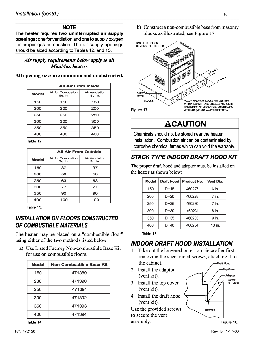 Pentair CH Stack Type Indoor Draft Hood Kit, Indoor Draft Hood Installation, Air supply requirements below apply to all 