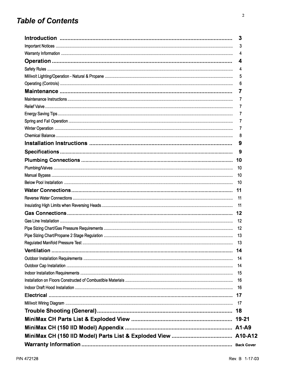 Pentair CH installation manual Table of Contents 