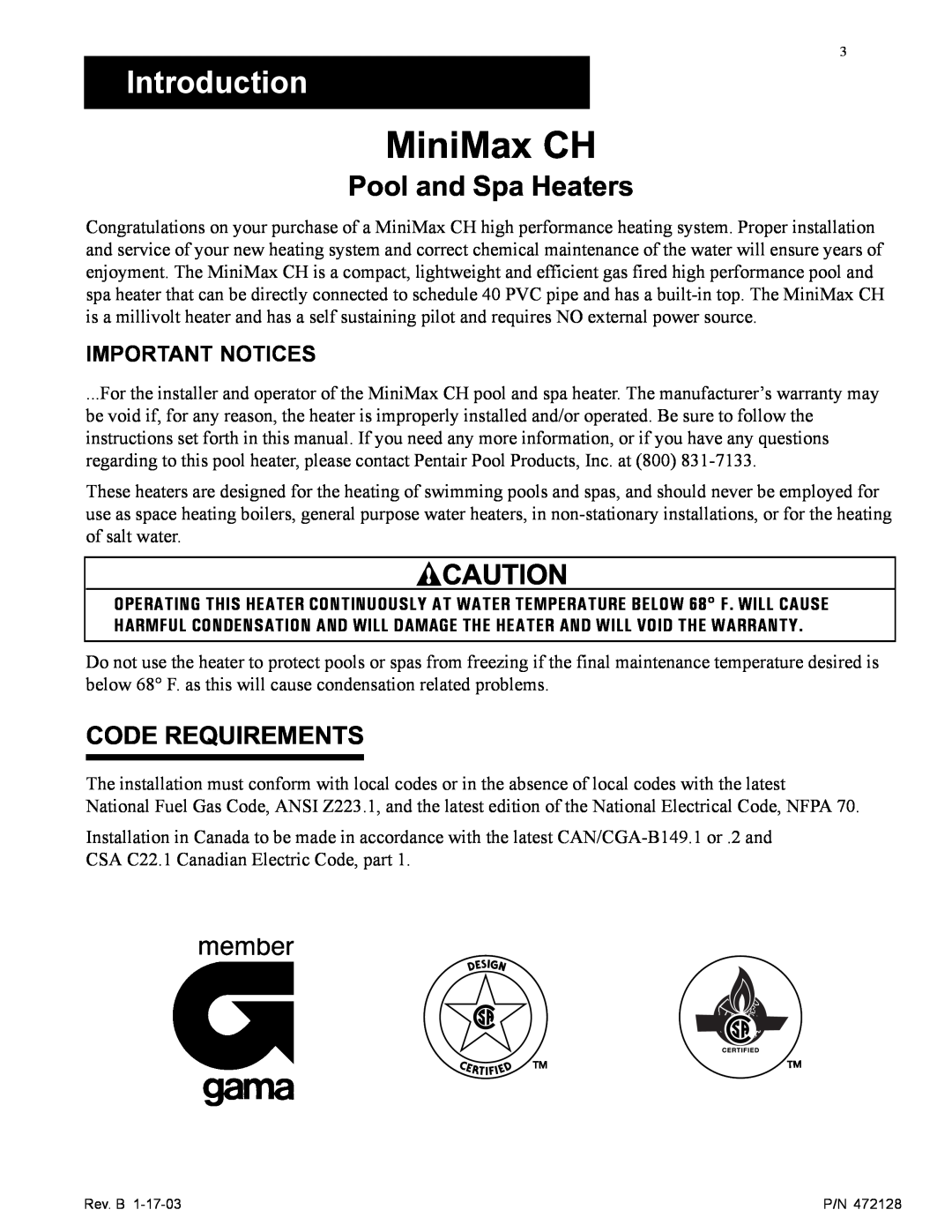 Pentair installation manual Introduction, Pool and Spa Heaters, Code Requirements, Important Notices, MiniMax CH 