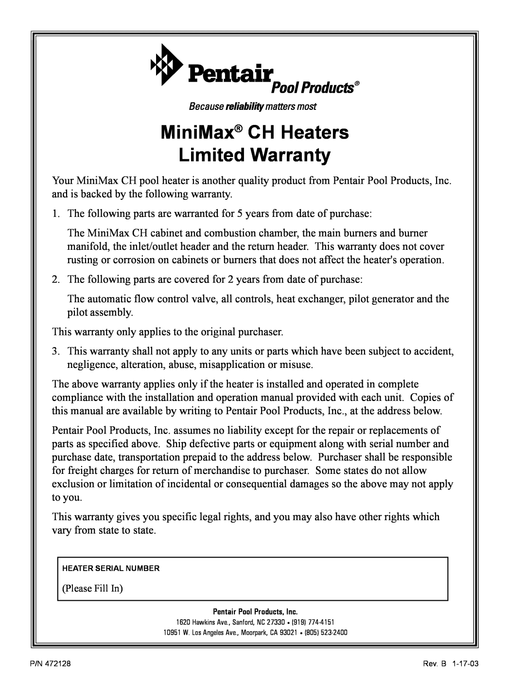 Pentair installation manual MiniMax CH Heaters Limited Warranty, Please Fill In 