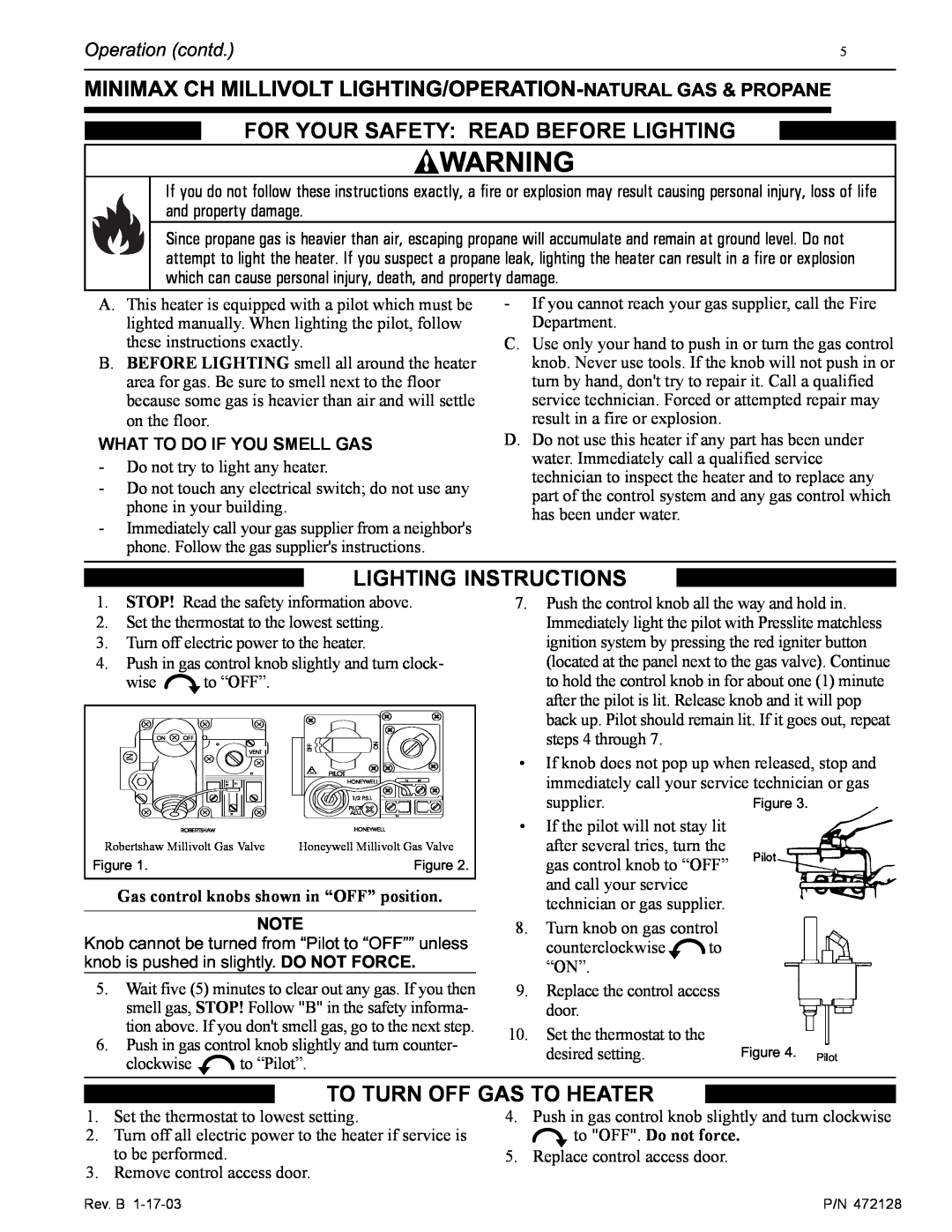Pentair CH For Your Safety Read Before Lighting, Lighting Instructions, To Turn Off Gas To Heater, Operation contd 