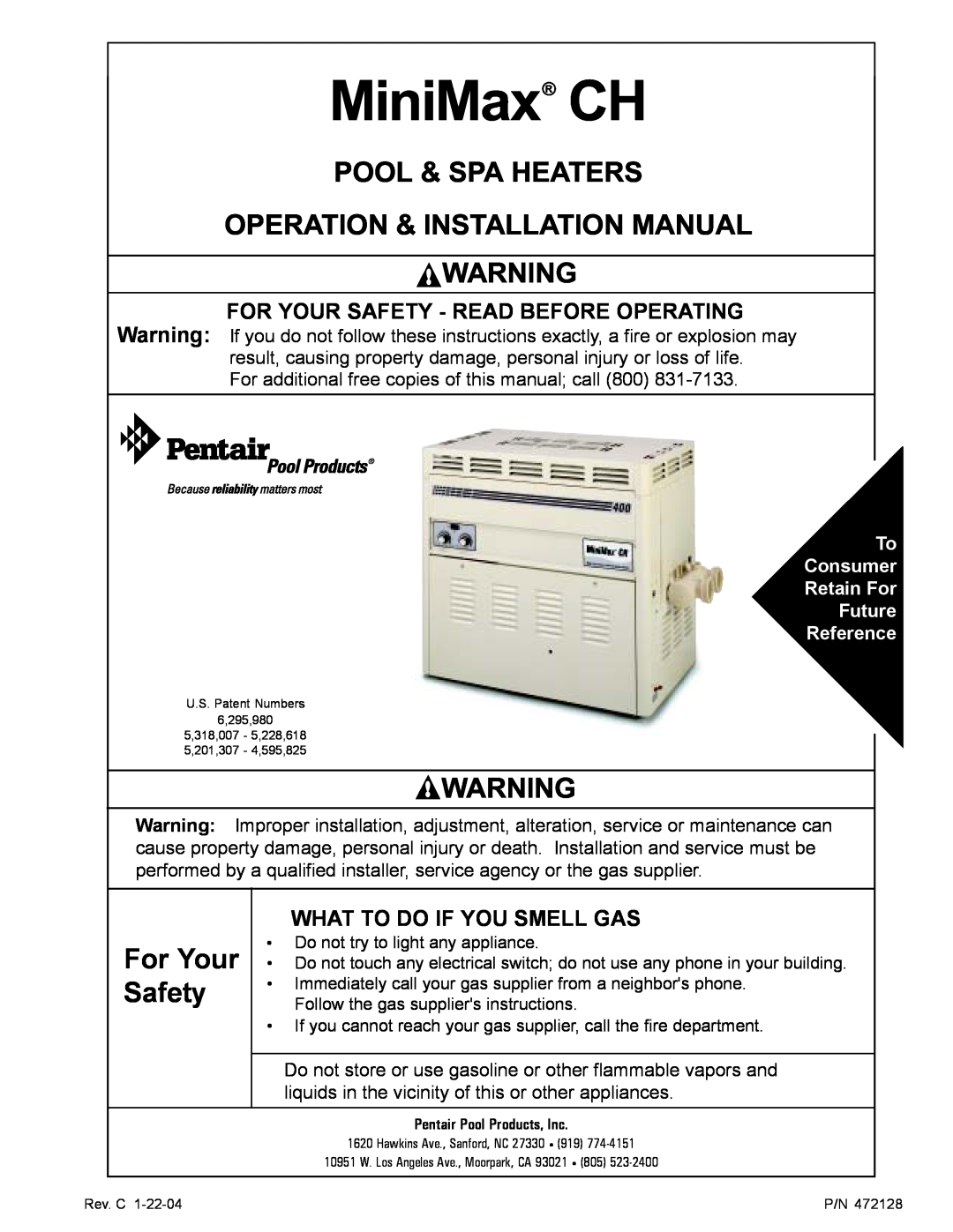 Pentair installation manual MiniMax CH, Pool & Spa Heaters, Operation & Installation Manual, For Your Safety 