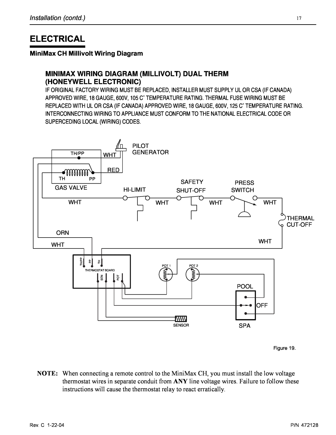 Pentair installation manual Electrical, Installation contd, MiniMax CH Millivolt Wiring Diagram 