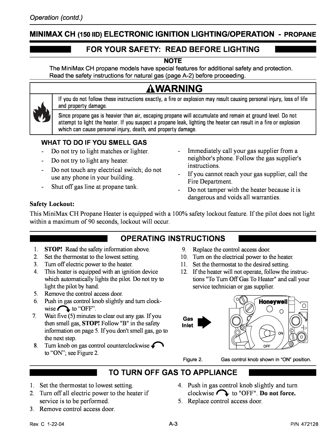 Pentair CH For Your Safety Read Before Lighting, Operating Instructions, To Turn Off Gas To Appliance, Safety Lockout 