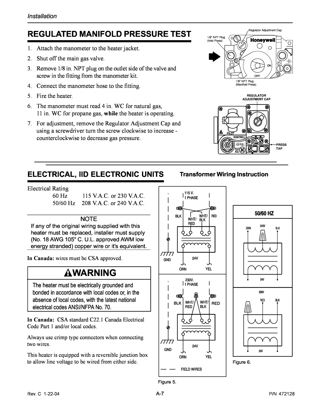 Pentair CH installation manual Regulated Manifold Pressure Test, Electrical, Iid Electronic Units 