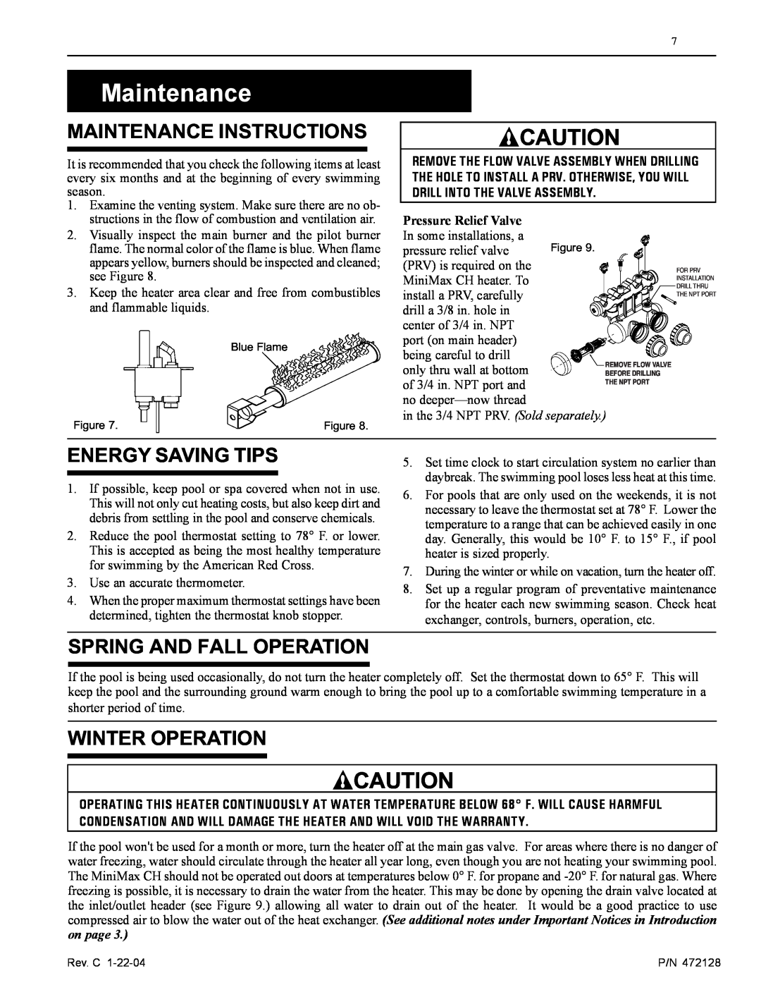 Pentair CH Maintenance Instructions, Energy Saving Tips, Spring And Fall Operation, Winter Operation 
