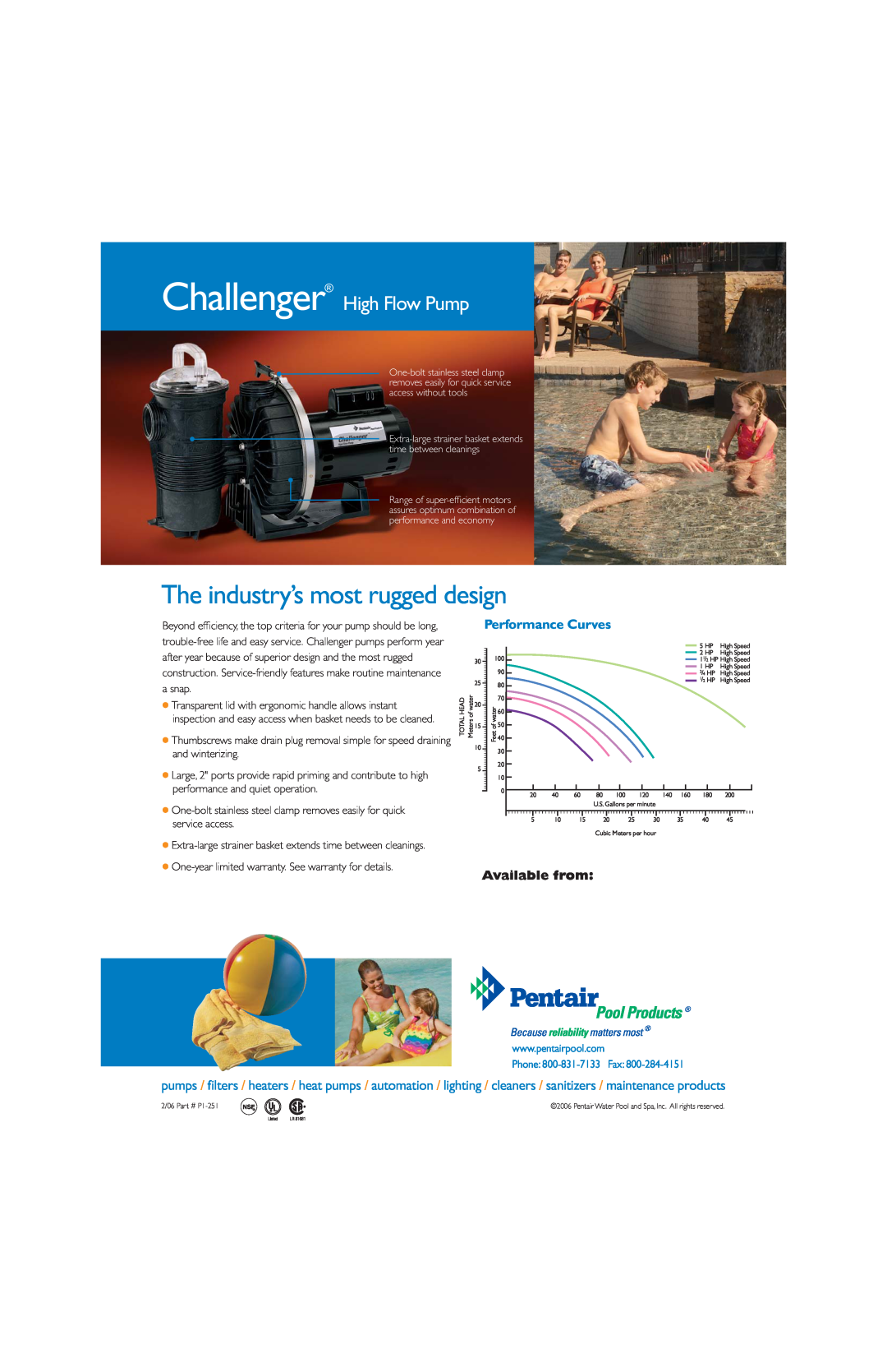 Pentair manual The industry’s most rugged design, Challenger High Flow Pump, Performance Curves, Available from 