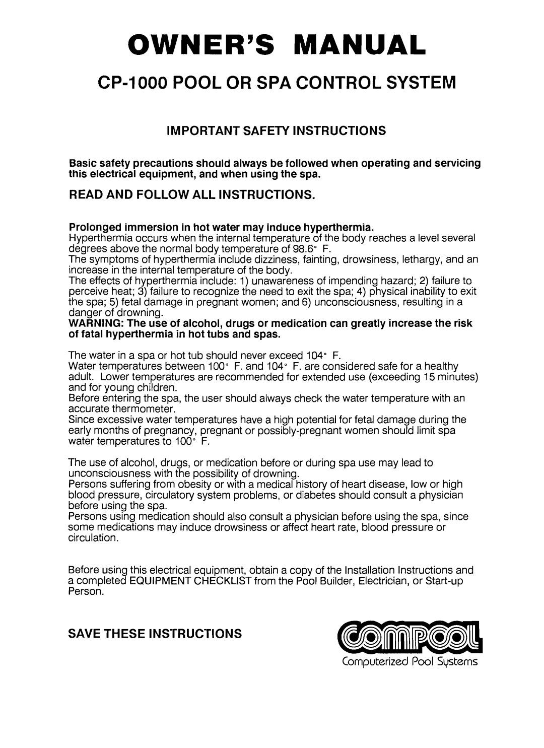 Pentair CP-1000 important safety instructions Important Safety Instructions, Read and Follow ALL Instructions 