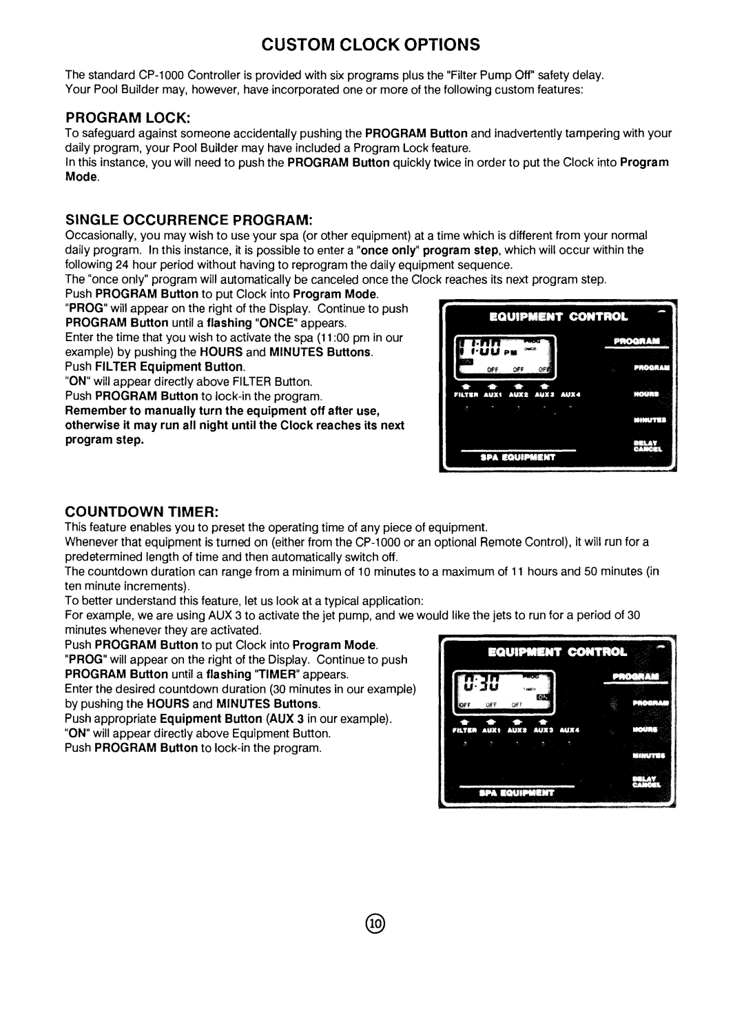 Pentair CP-1000 Custom Clock Options, Program Lock, Single Occurrence Program, Countdown Timer 