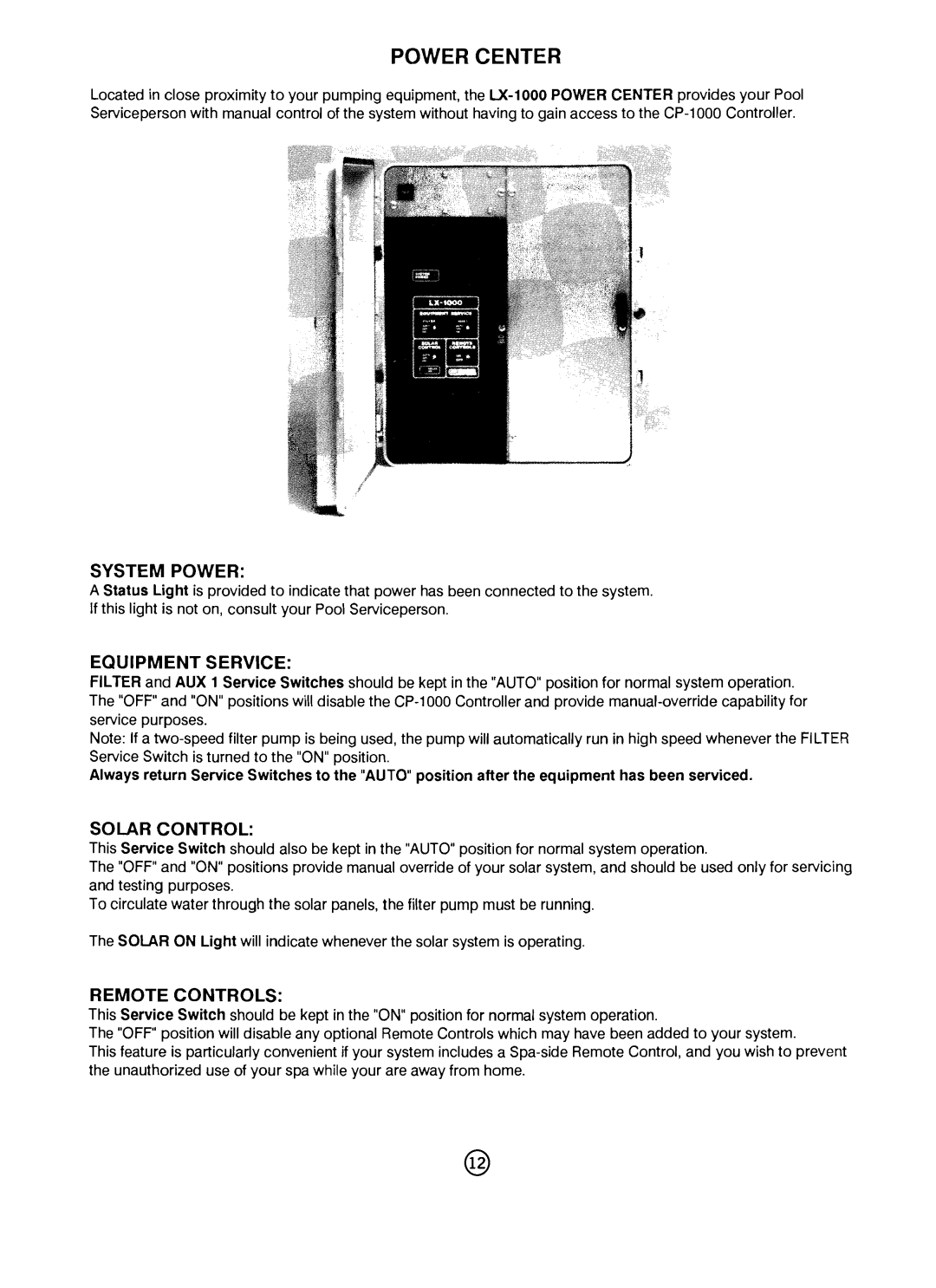 Pentair CP-1000 important safety instructions System Power, Equipment Service, Solar Control, Remote Controls 