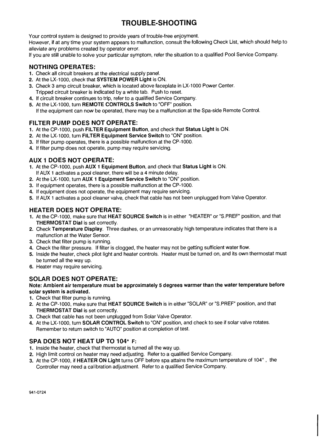 Pentair CP-1000 important safety instructions Trouble-Shooting 