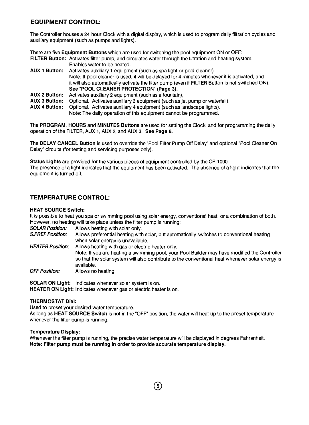 Pentair CP-1000 important safety instructions Equipment Control, Temperaturecontrol 