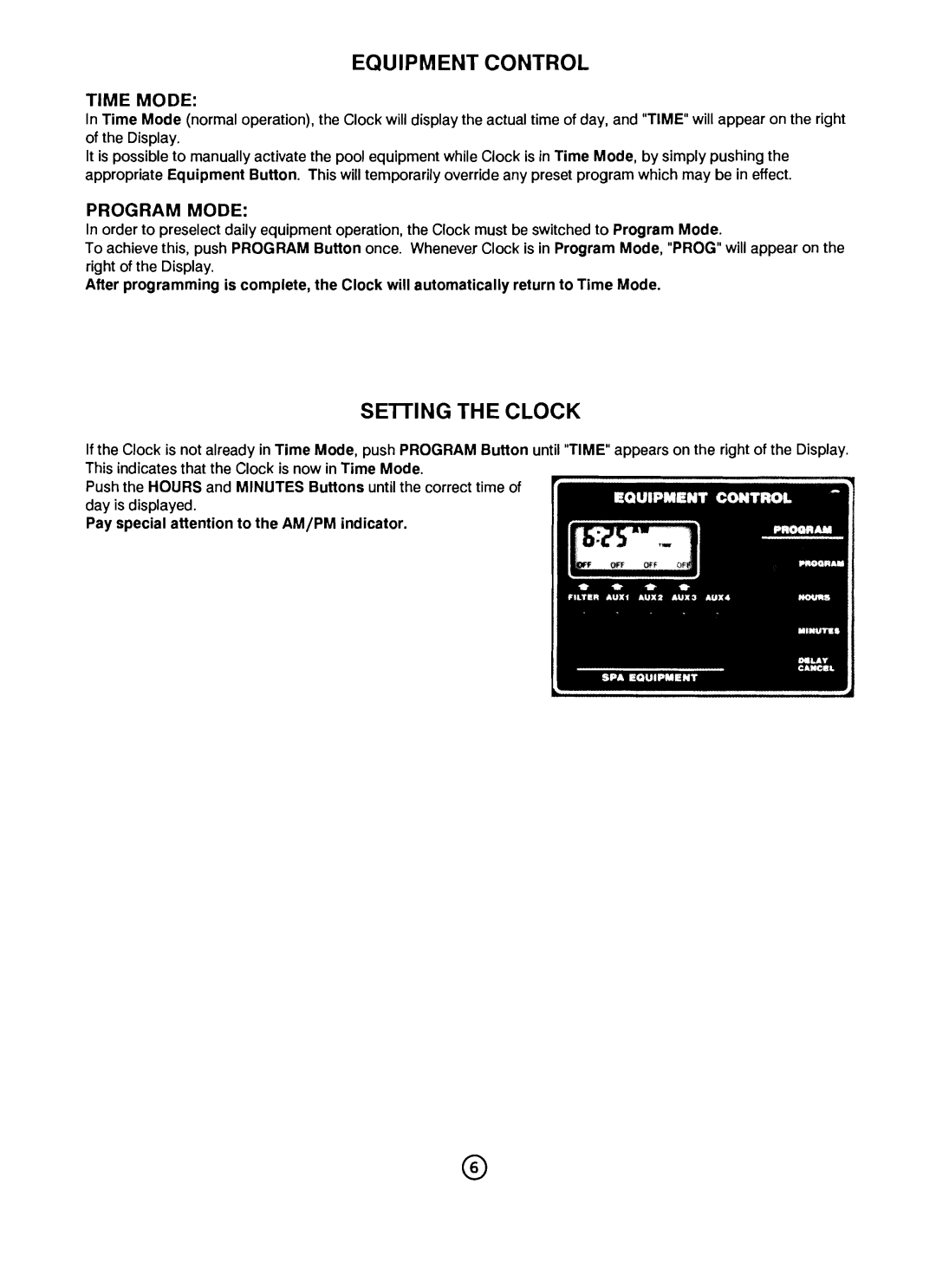 Pentair CP-1000 important safety instructions Equipment Control, Setting the Clock, Time Mode, Program Mode 