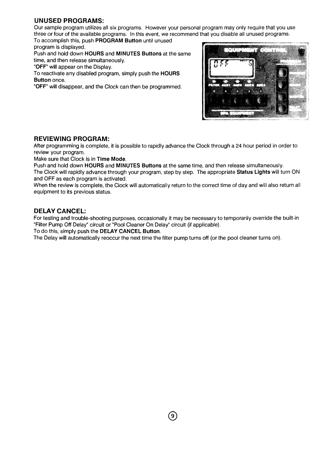 Pentair CP-1000 important safety instructions Unused Programs, Reviewing Program, Delay Cancel 