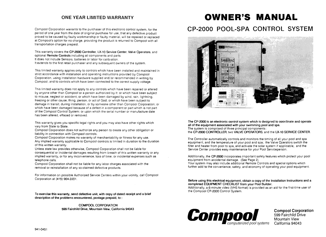 Pentair CP-2000 warranty One Year Limited Warranty, m4000/ Cornpool Corporation, Fairchild Drive Mountain View 