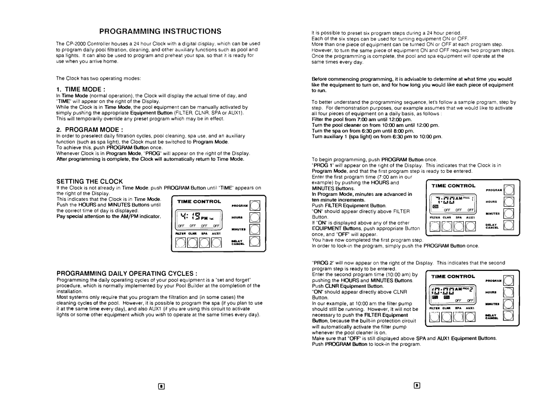 Pentair CP-2000 Programming Instructions, TlME MODE, Program Mode, Setting The Clock, Programming Daily Operating Cycles 