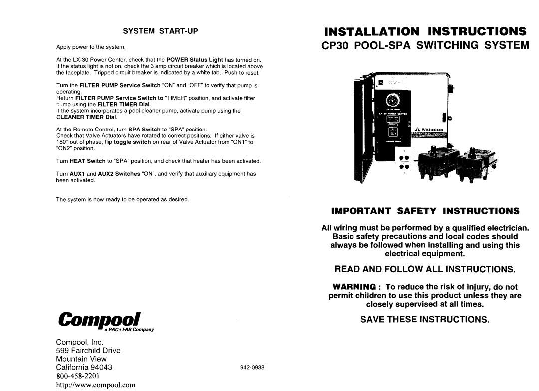 Pentair CP30 important safety instructions Installation Instructions, System START-UP 