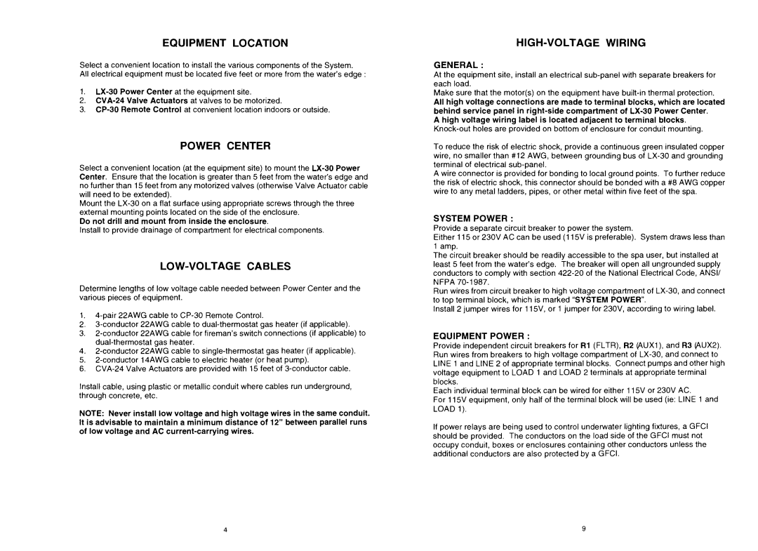 Pentair CP30 important safety instructions Equipment Location, Power Center, LOW-VOLTAGE Cables, HIGH-VOLTAGE Wiring 