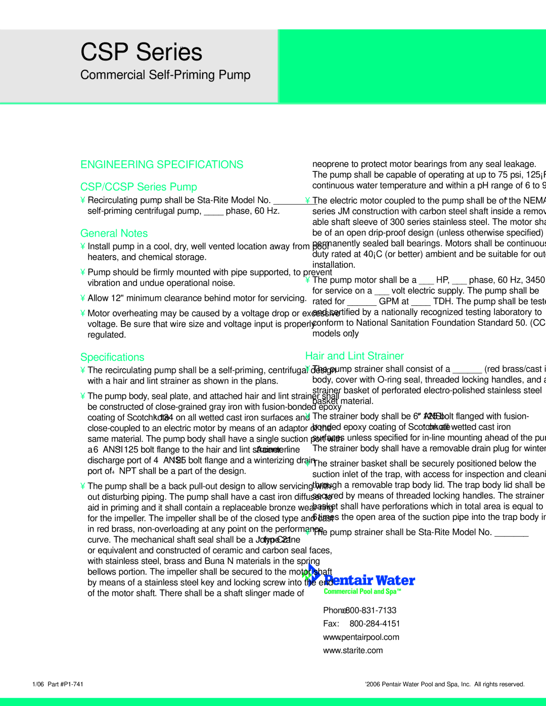 Pentair manual Engineering Specifications, CSP/CCSP Series Pump, General Notes 