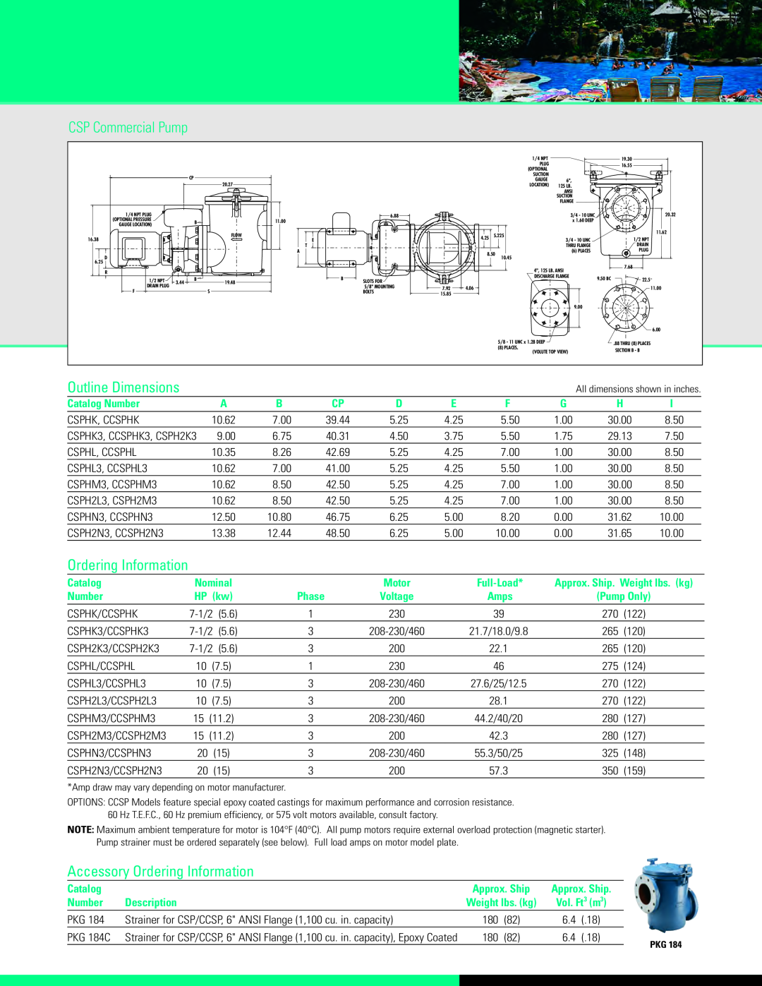 Pentair CSP Series CSP Commercial Pump, Outline Dimensions, Accessory Ordering Information, Catalog Number, Nominal 