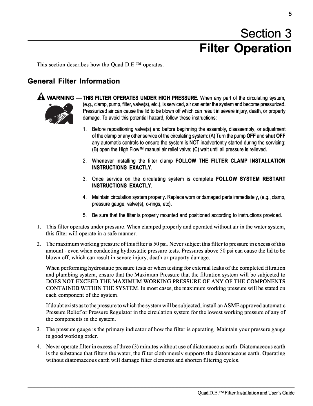 Pentair D.E. Cartridge Style Filter important safety instructions Section Filter Operation, General Filter Information 