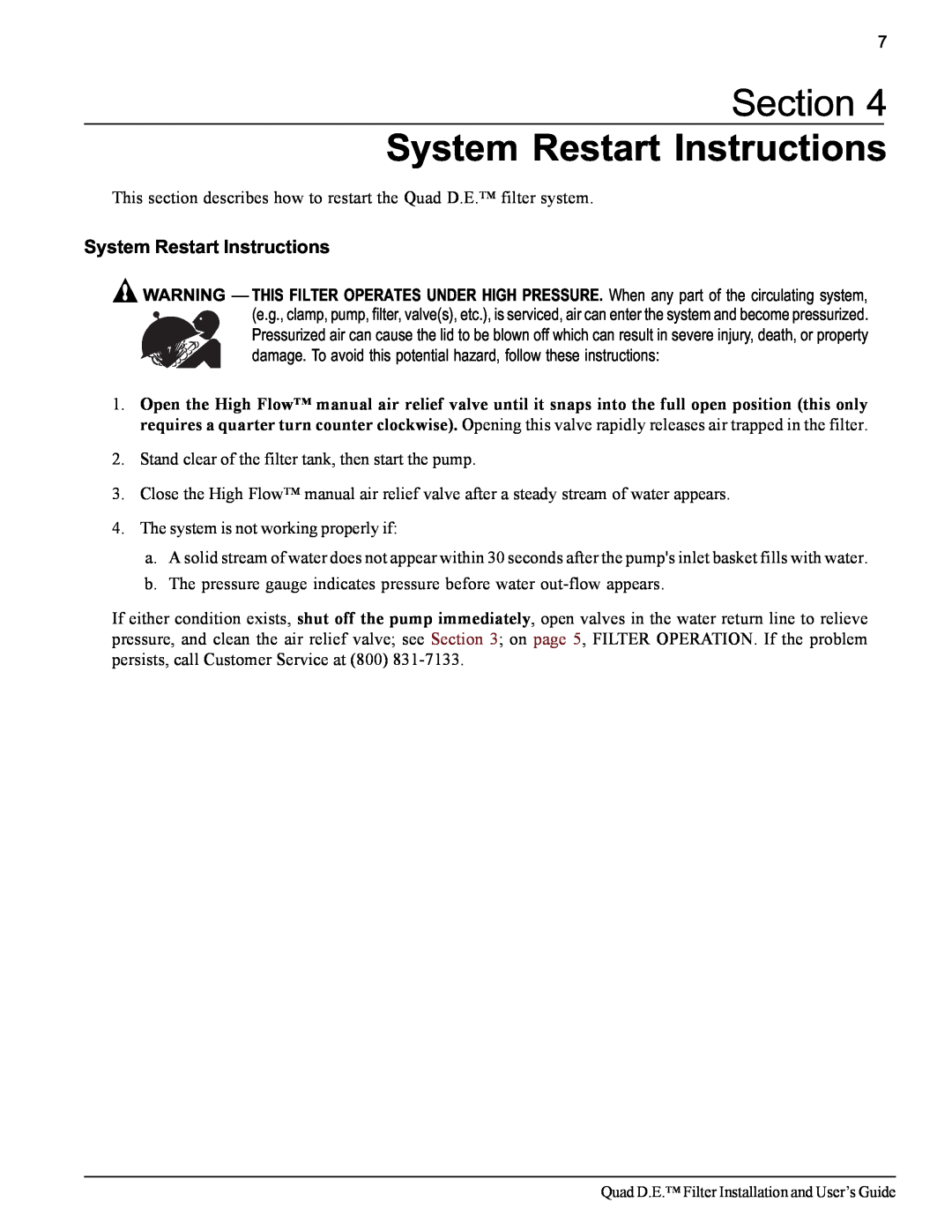 Pentair D.E. Cartridge Style Filter important safety instructions Section System Restart Instructions 