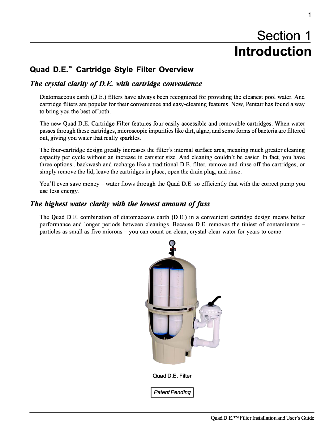 Pentair important safety instructions Section Introduction, Quad D.E. Cartridge Style Filter Overview 