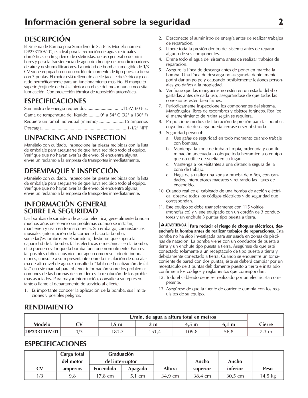 Pentair DP233110V owner manual Información general sobre la seguridad 