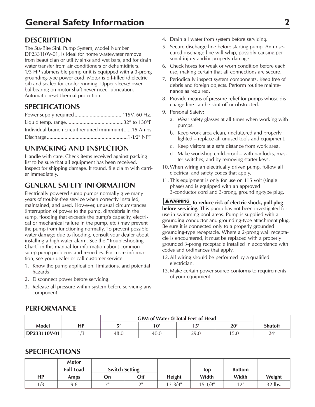 Pentair DP233110V owner manual General Safety Information 