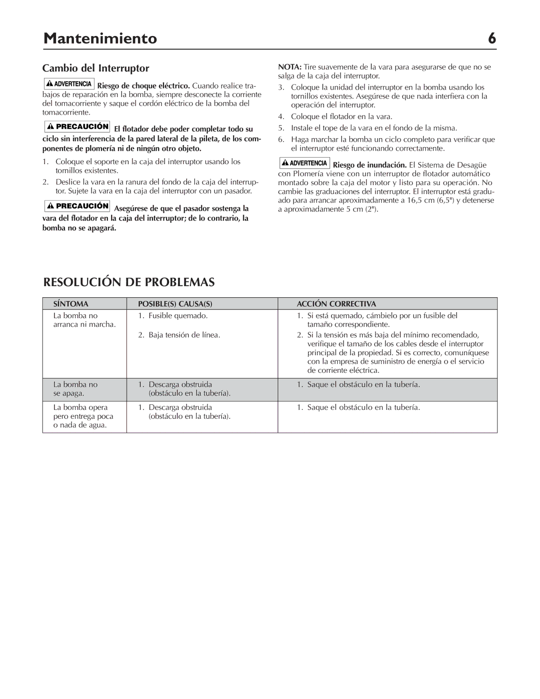 Pentair DP233110V owner manual Mantenimiento, Resolución DE Problemas, Cambio del Interruptor 