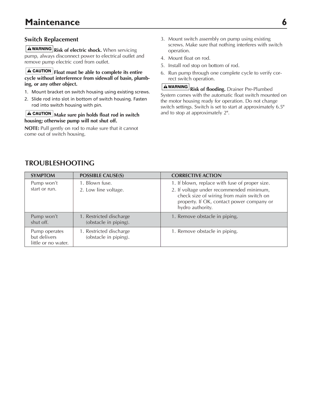 Pentair DP233110V owner manual Maintenance, Troubleshooting, Switch Replacement 