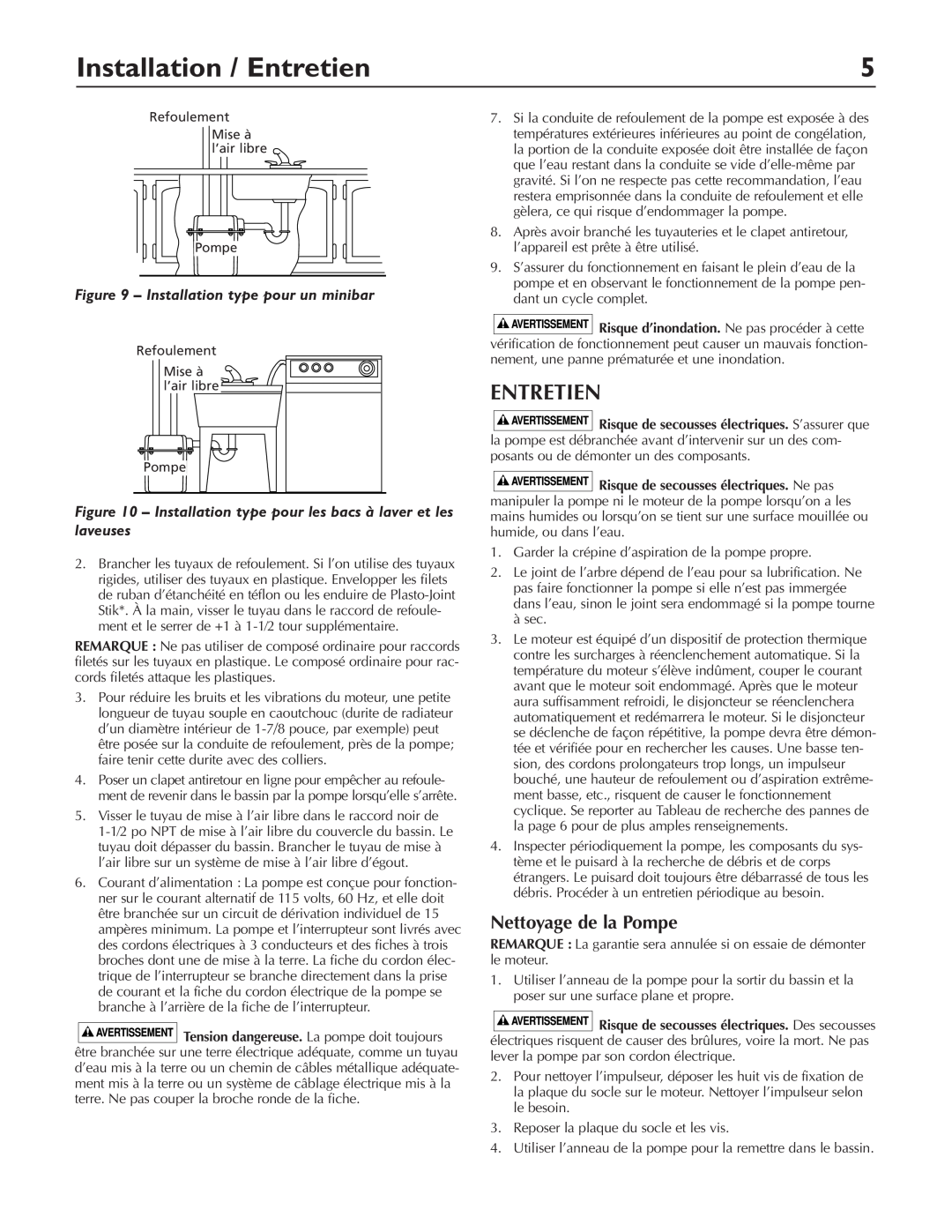 Pentair DP233110V owner manual Installation / Entretien, Nettoyage de la Pompe, Installation type pour un minibar 