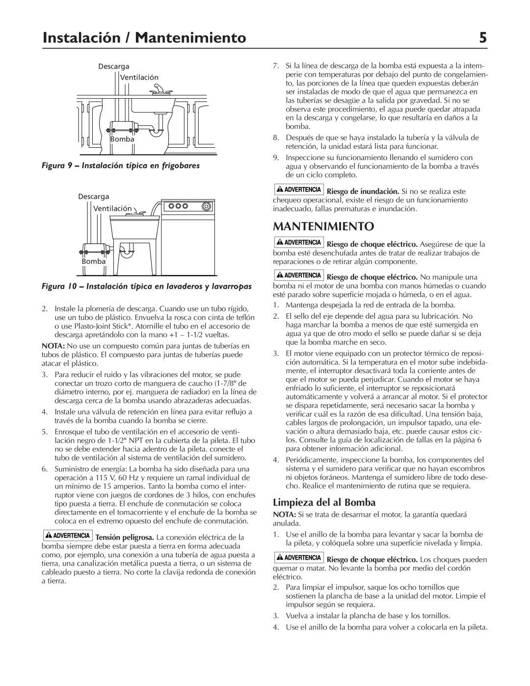 Pentair DP233110V Instalación / Mantenimiento, Limpieza del al Bomba, Figura 9 – Instalación típica en frigobares 
