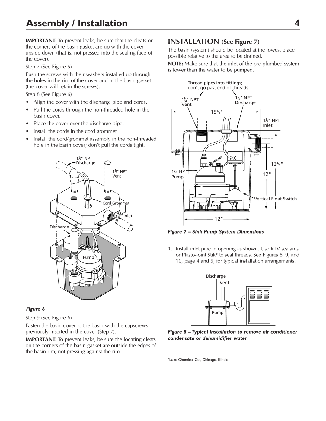 Pentair DP233110V owner manual Assembly / Installation, INSTALLATION See Figure, Sink Pump System Dimensions 