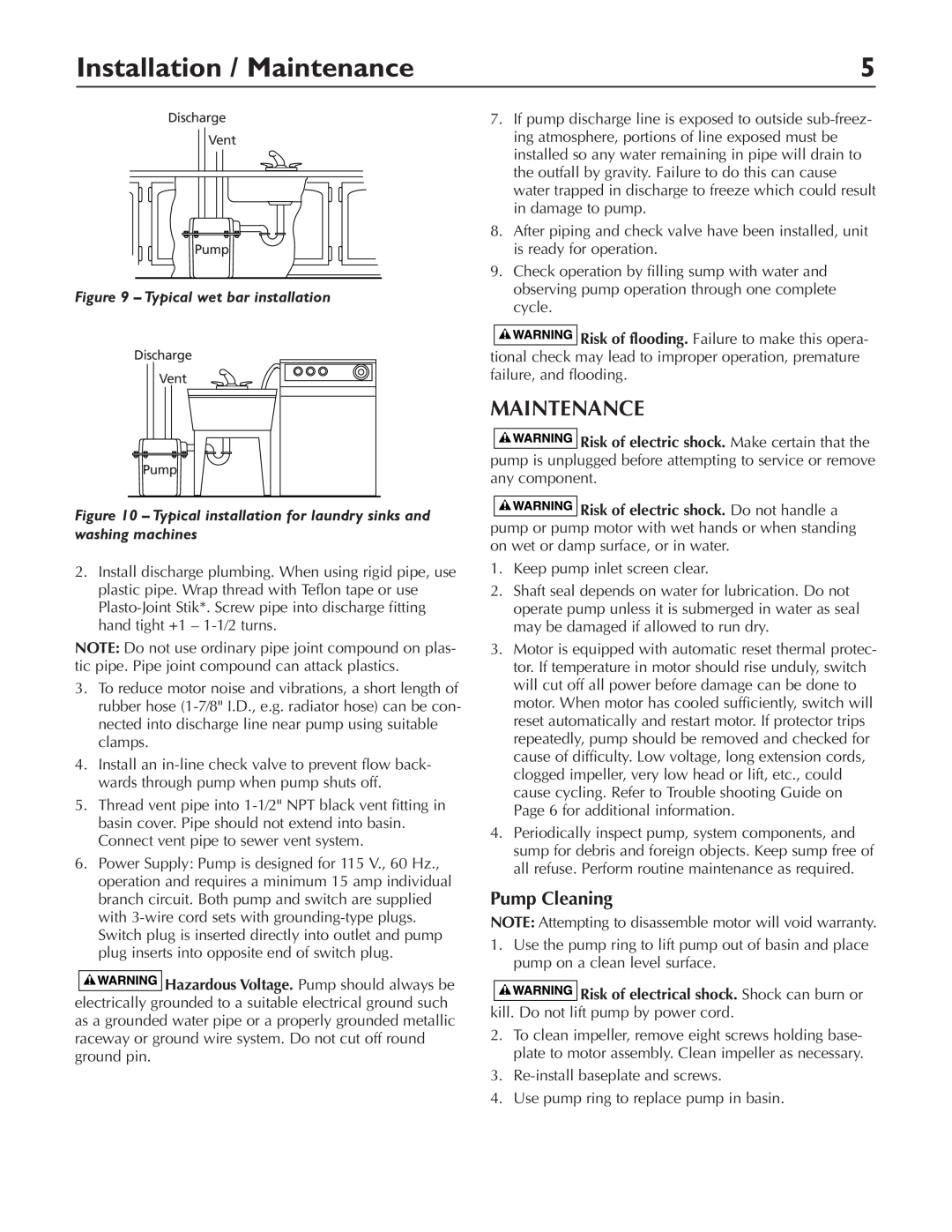 Pentair DP233110V owner manual Installation / Maintenance, Pump Cleaning, Typical wet bar installation 