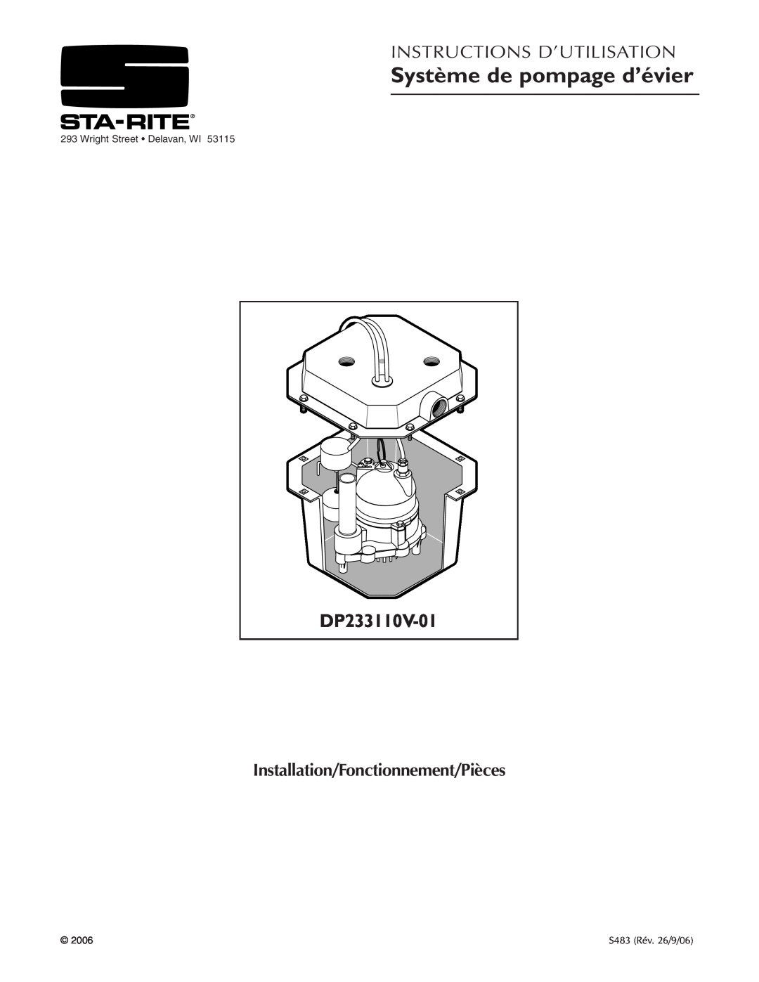 Pentair Système de pompage d’évier, Instructions D’Utilisation, Installation/Fonctionnement/Pièces, DP233110V-01 