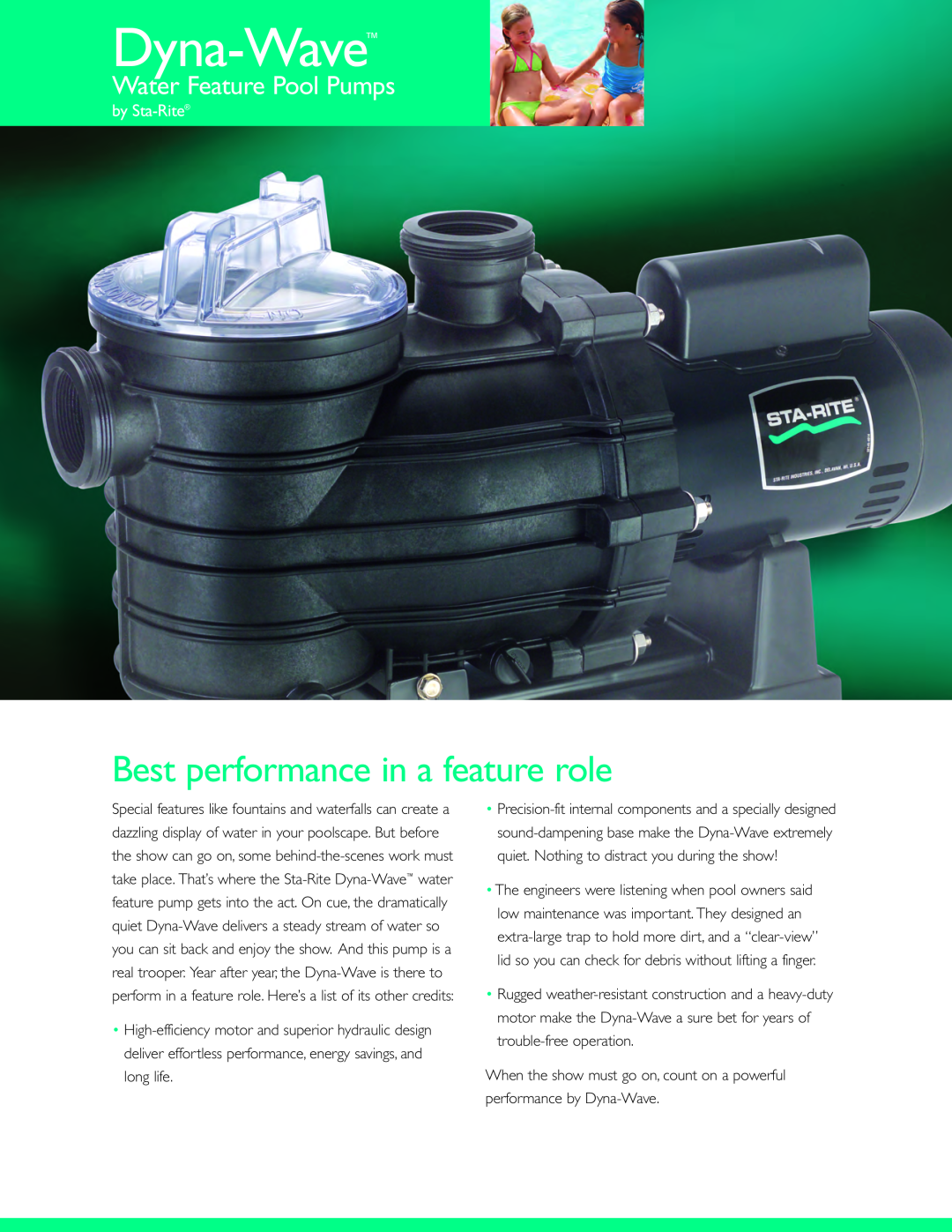 Pentair Dyna-Wave manual Best performance in a feature role, Water Feature Pool Pumps, by Sta-Rite 