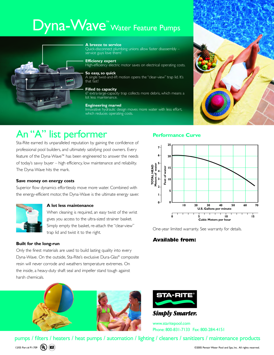 Pentair An “A” list performer, Dyna-Wave Water Feature Pumps, Performance Curve, Available from, A lot less maintenance 
