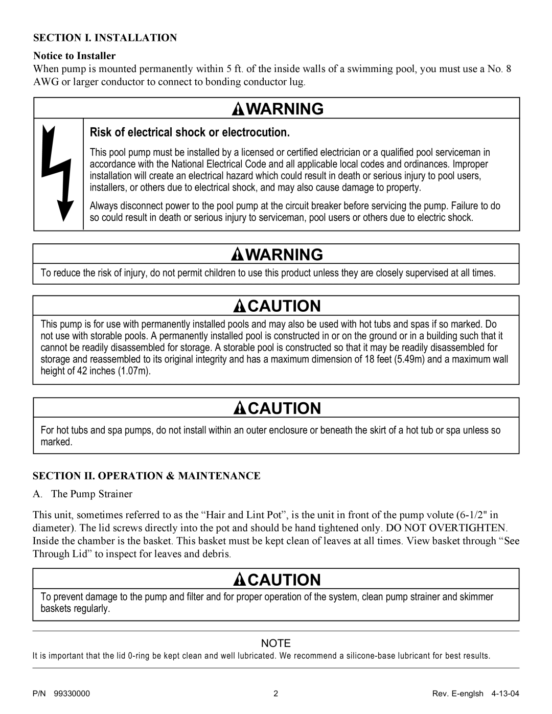 Pentair Eagle owner manual Section I. Installation, Section II. Operation & Maintenance 