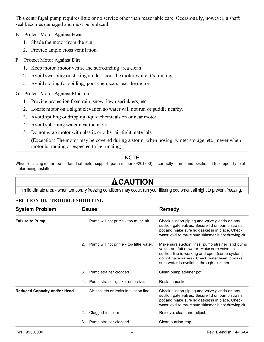 Pentair Eagle owner manual Section III. Troubleshooting, System Problem Cause Remedy 