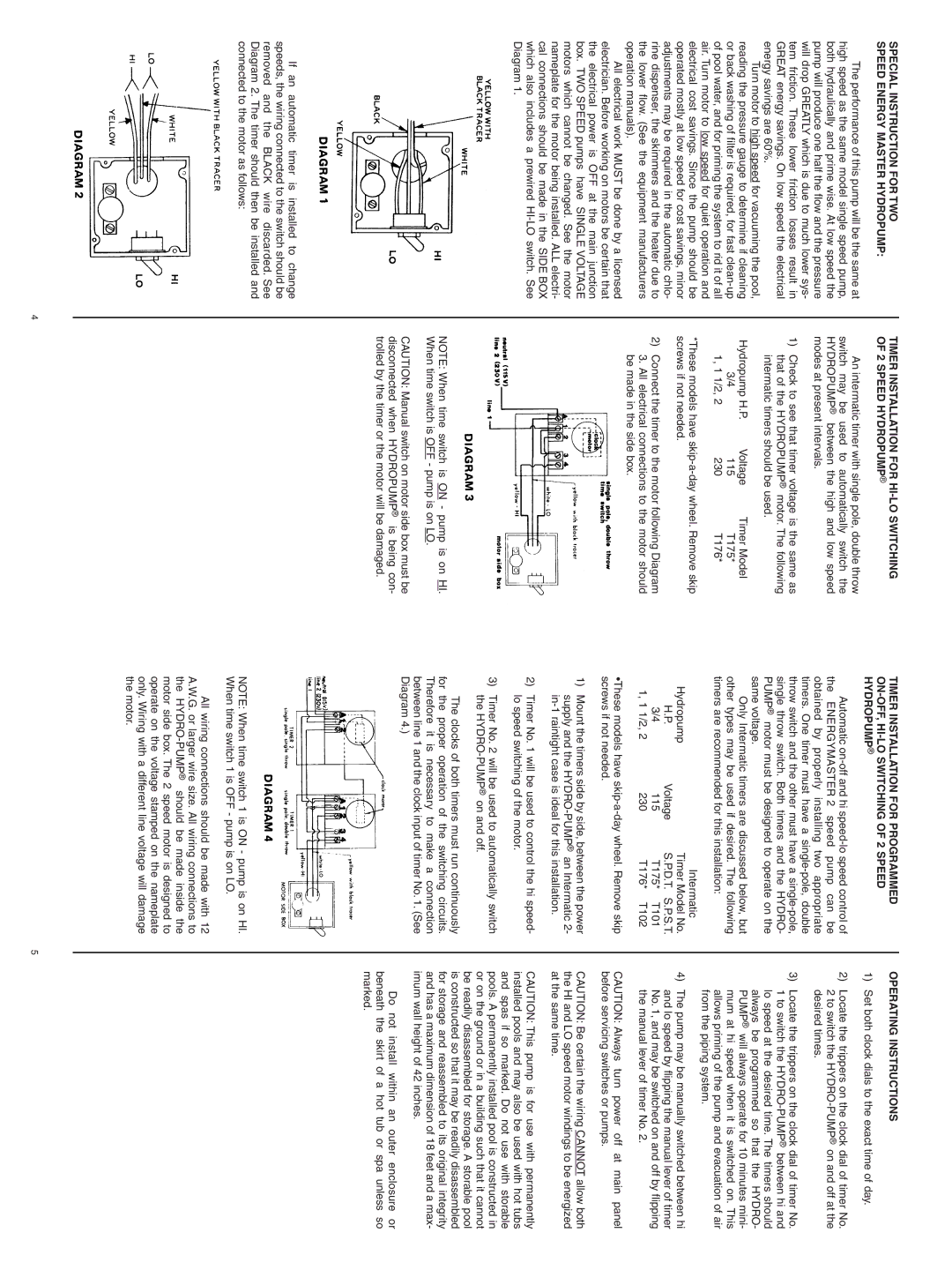 Pentair warranty Special Instruction for TWO Speed Energy Master Hydropump, Operating Instructions 