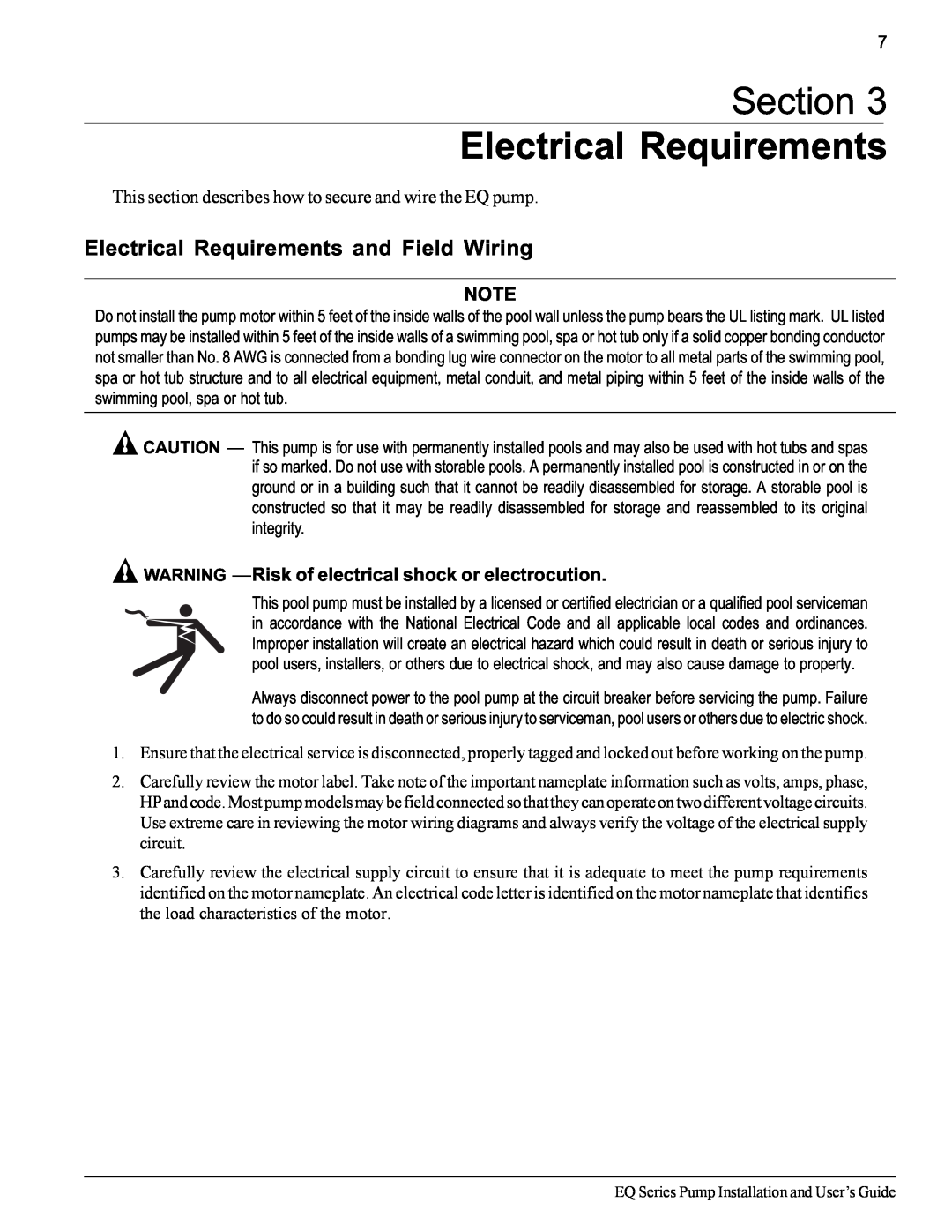 Pentair EQ SERIES important safety instructions Section Electrical Requirements, Electrical Requirements and Field Wiring 