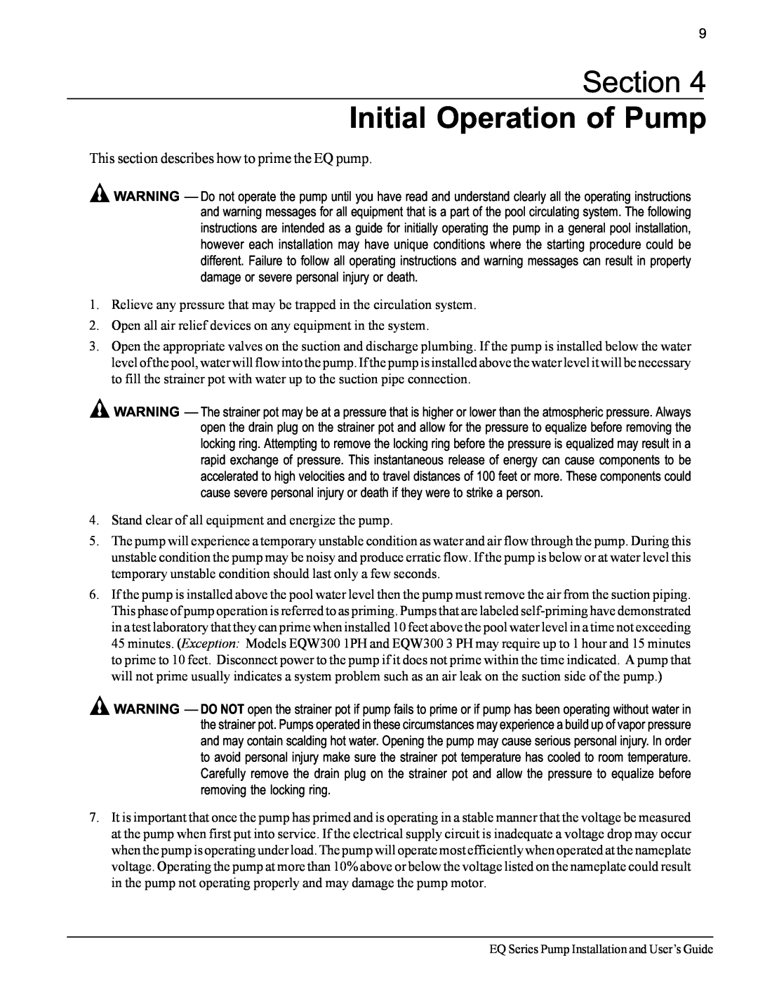 Pentair EQ SERIES Section Initial Operation of Pump, This section describes how to prime the EQ pump 