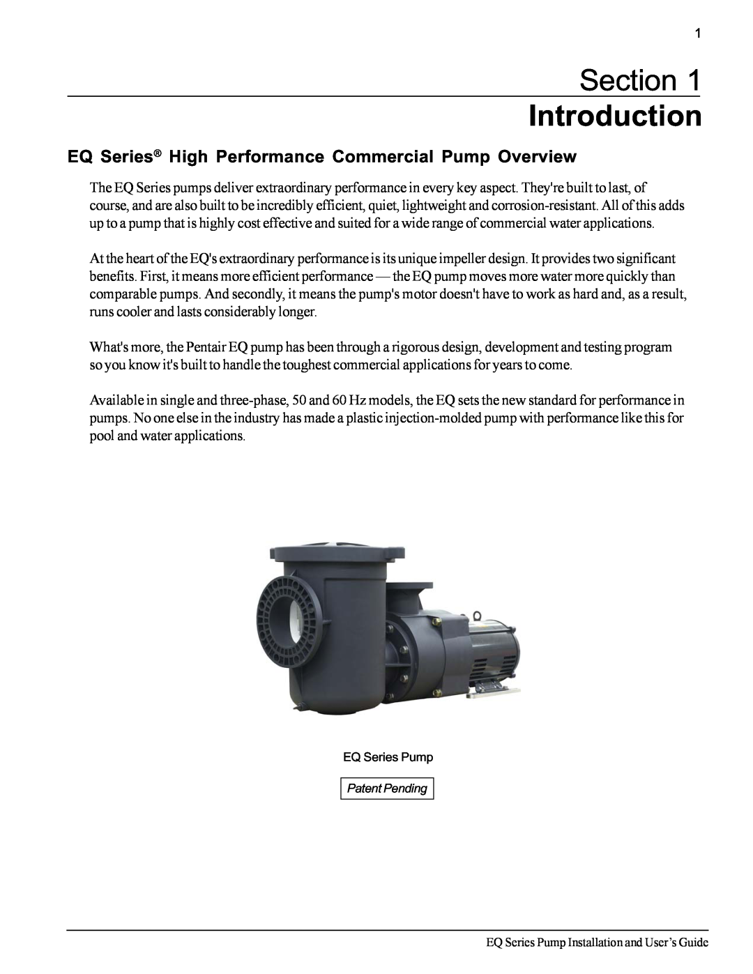 Pentair EQ SERIES important safety instructions Section Introduction, EQ Series High Performance Commercial Pump Overview 