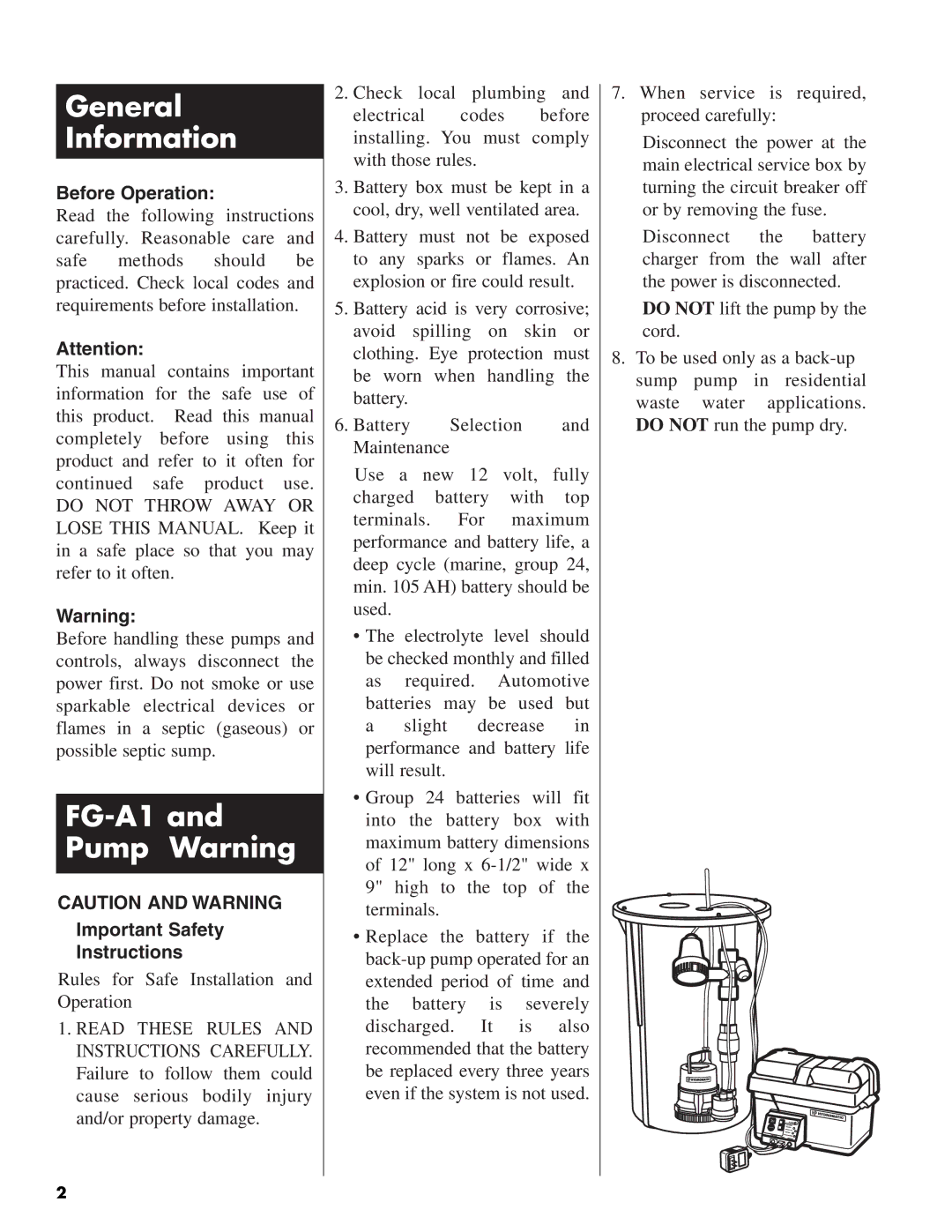 Pentair service manual General Information, FG-A1 and Pump Warning, Before Operation, Important Safety Instructions 