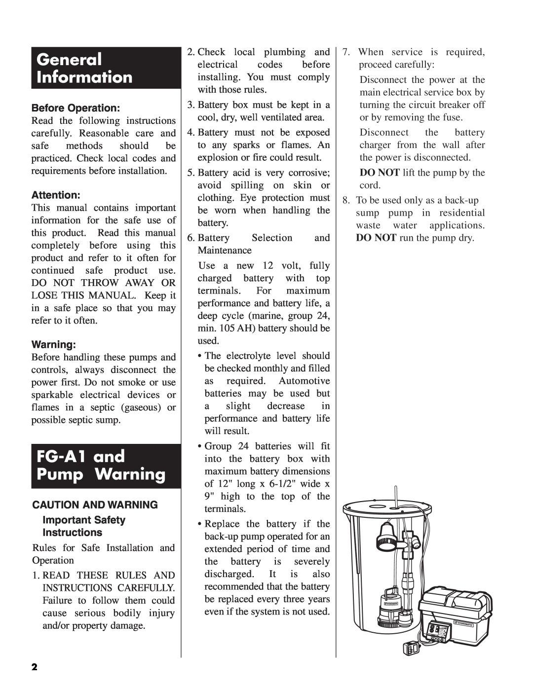 Pentair service manual General Information, FG-A1 and Pump Warning, Before Operation 