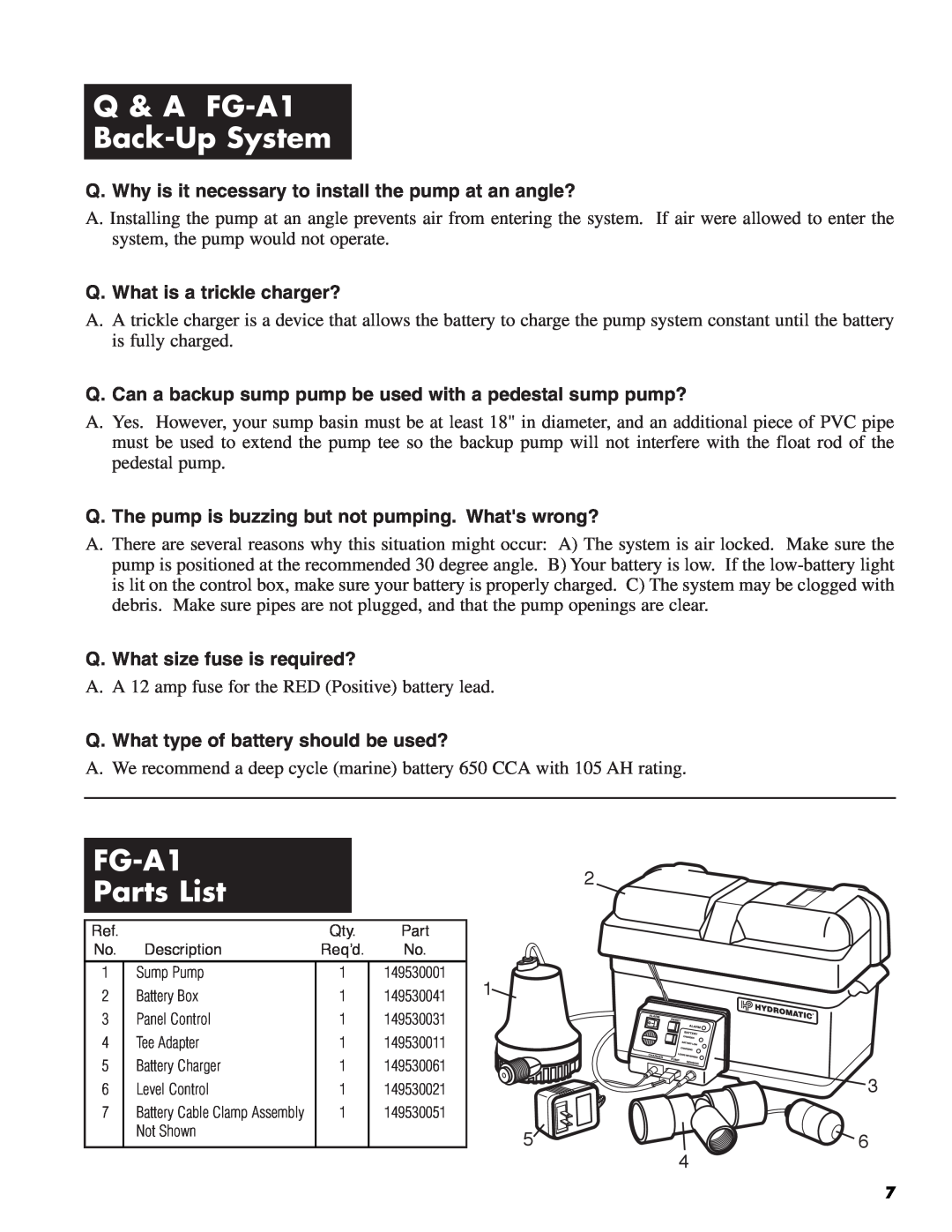 Pentair service manual Q & A FG-A1 Back-Up System, Parts List, Q. Why is it necessary to install the pump at an angle? 